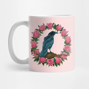 American Crow on Pink Roses Mug